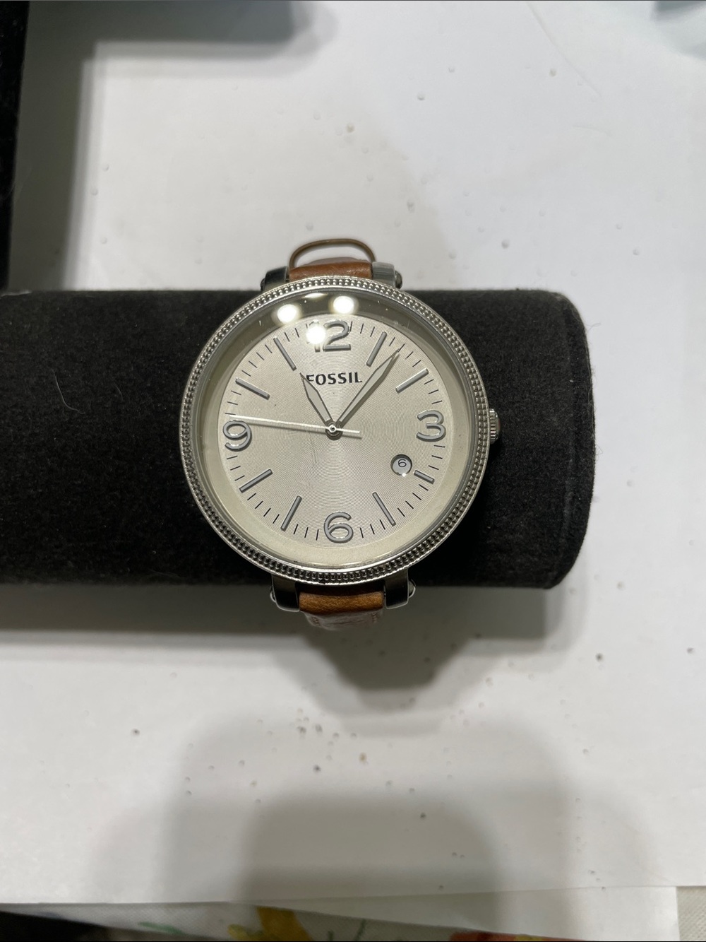 Fossil Silver Dial Watch with Brown Leather Strap.  Needs Battery.